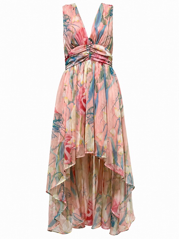 【新品DRESS 1743】フローラルフラワープリント×ウエスト切替ロングテールフレアロングドレス ピンク【FRACOMINA】